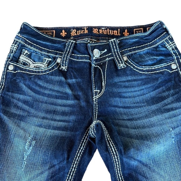 Rock Revival Madison Straight Leg Jean Distressed Denim Sz 27 Flap Pocket Sequin - Picture 4 of 16